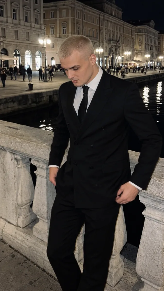 Ky Saint in a suit, waterfront